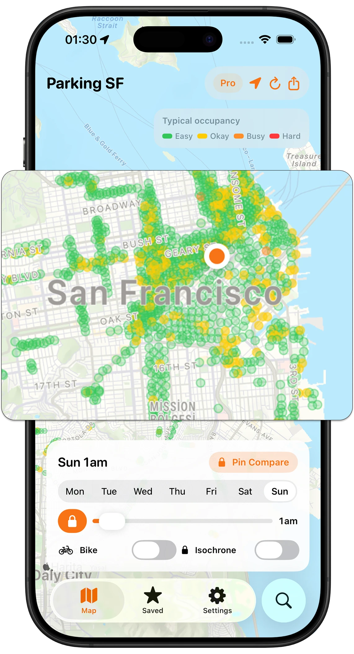 Parking SF iPhone app preview showing the parking map, legend, controls, and bottom navigation